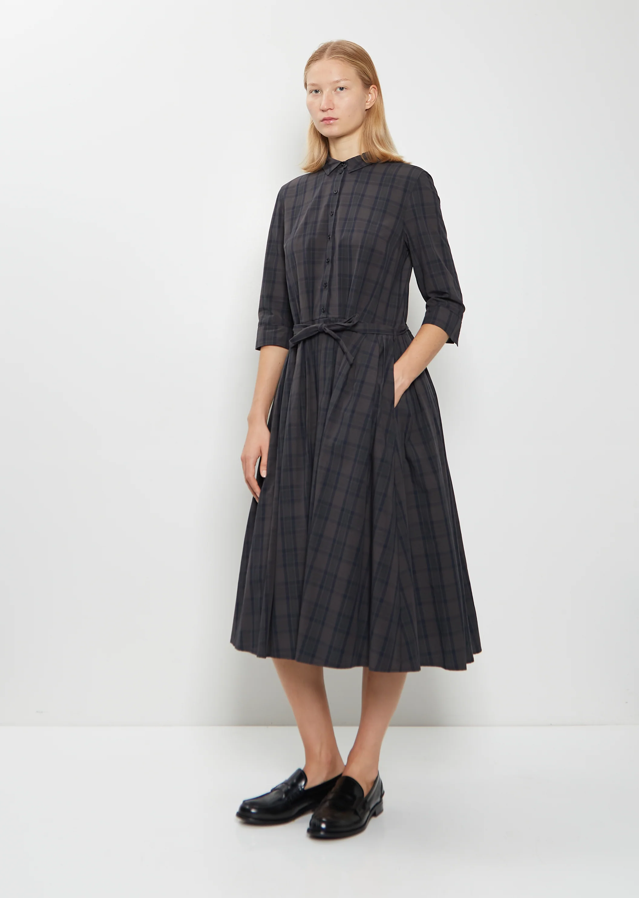 Cotton Tartan Belted Pleated Dress - Image 4