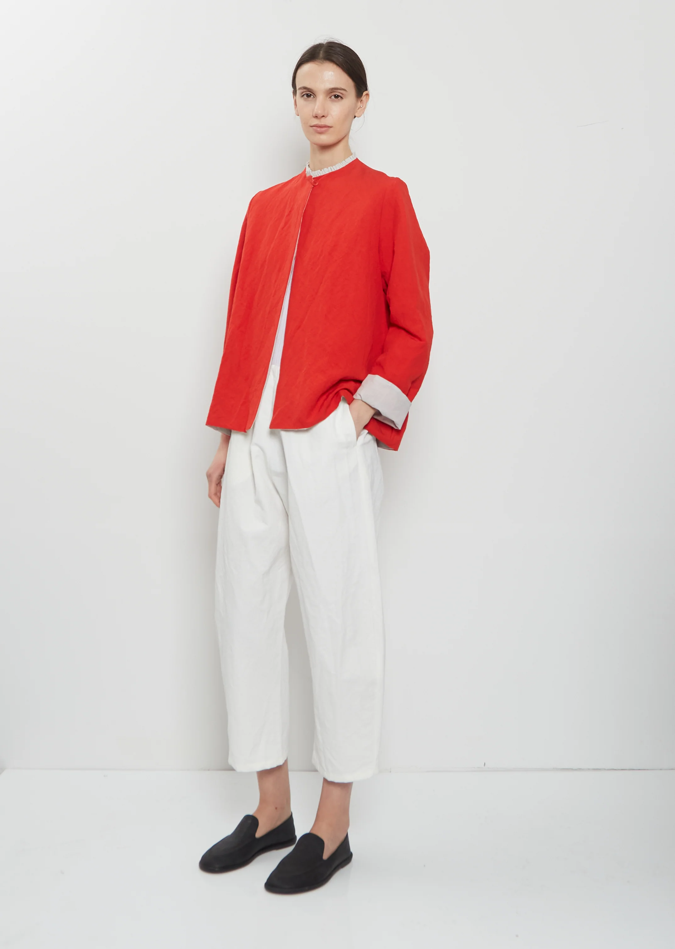 Ruche Collar Linen Jacket — Pomegranate - Image 4