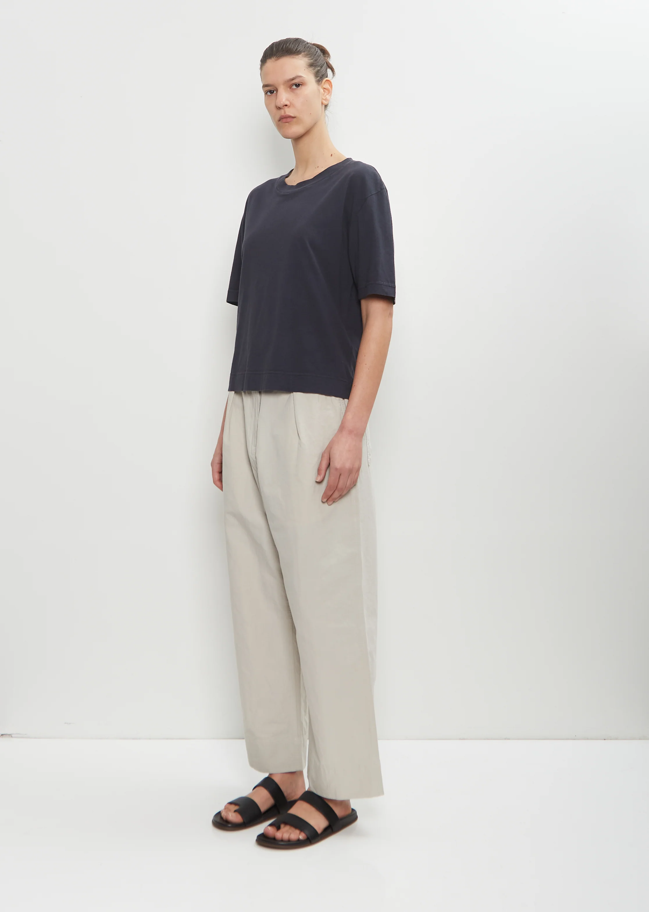 Cotton Linen Simple T-Shirt — Navy - Image 4