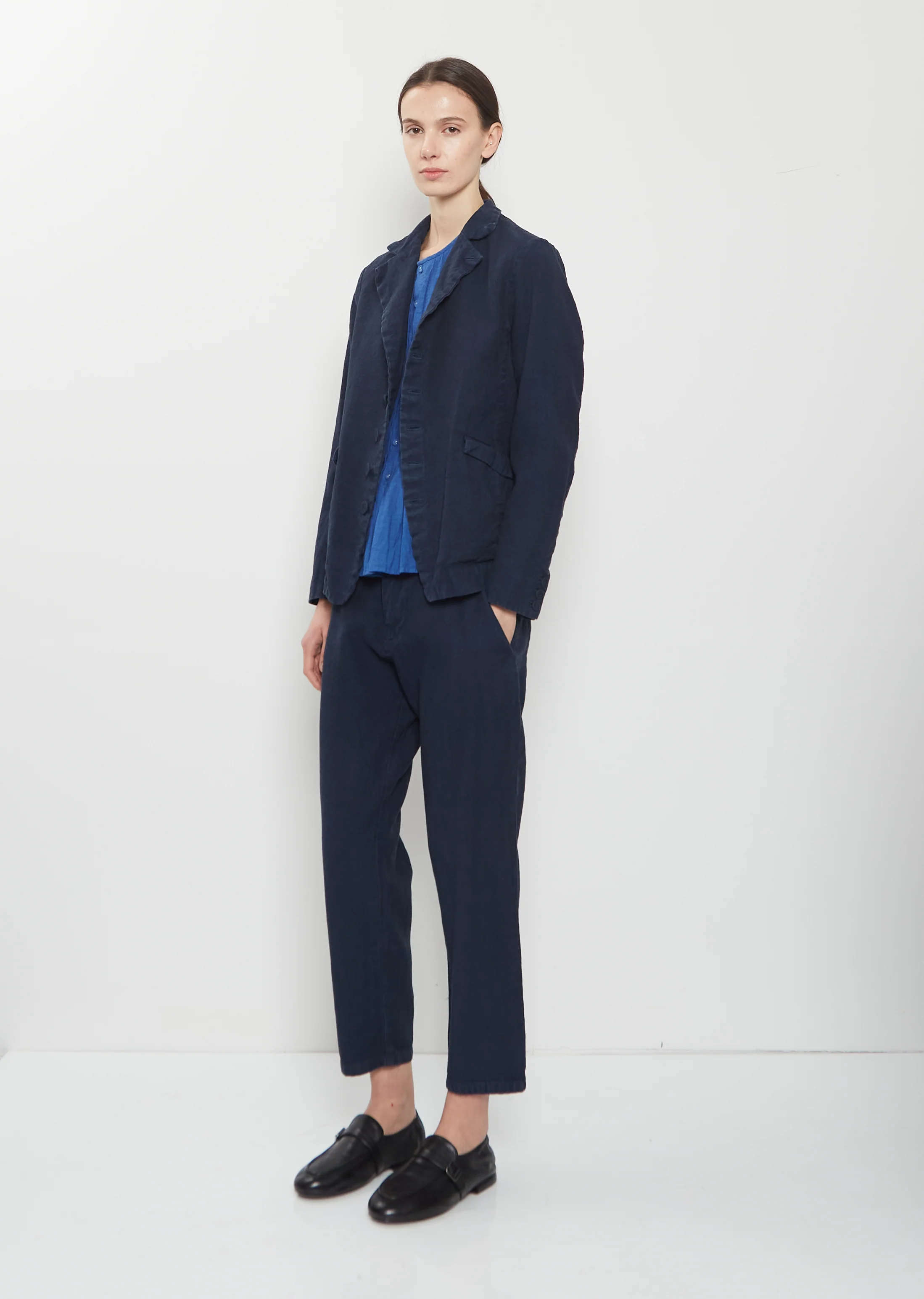 Linen Cotton Tailored Jacket — Navy - Image 4